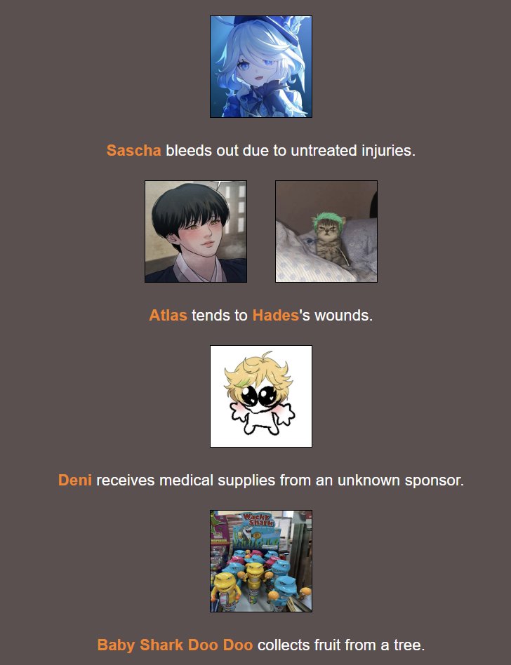 DAY 3! 🍴
────────────────
Whoops. What just happened?
<a href="/bomberbastard/">𝙘𝙡𝙤𝙫𝙞𝙨</a> has committed murd3r... RIP, <a href="/4THVASILIEVS/">Василиев、Vyacheslav༣໋</a>.

Meanwhile, <a href="/traillazy/">⁣ ⁣ ⁣⁣ Ꮢiku</a> has taken out both @KILLTHEHOLY and <a href="/duovle/">VOYAGER .ᐟ.ᐣ</a>.

<a href="/howlcaust/">𝐌𝐈𝐂𝐇𝐀𝐄𝐋. 🐻</a>, anteng sekali sama Nyancat.