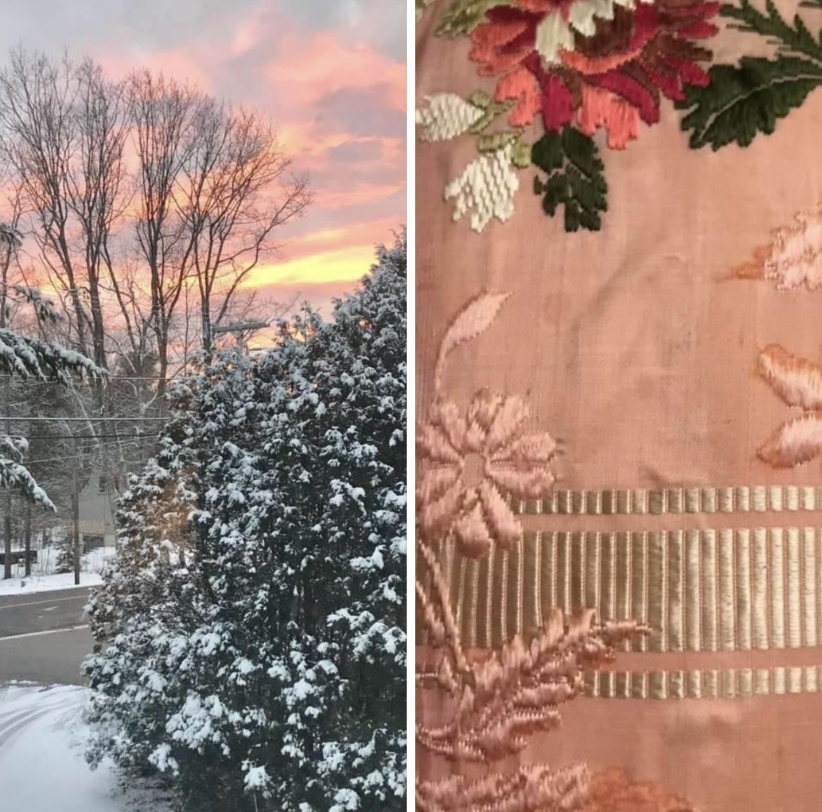 While selecting #textiles for a #materialculture #textilelab for one of my classes, I took a moment to capture the view from my window. There was a nice synergy between the mid 18thc #silkbrocade in my hand and the #sunset 🧡