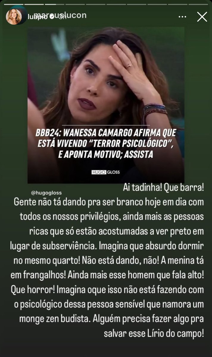 paiva's tweet photo. e esse stories da luana piovani sobre a wanessa camargo #bbb24 https://t.co/GZJS2MrMOH