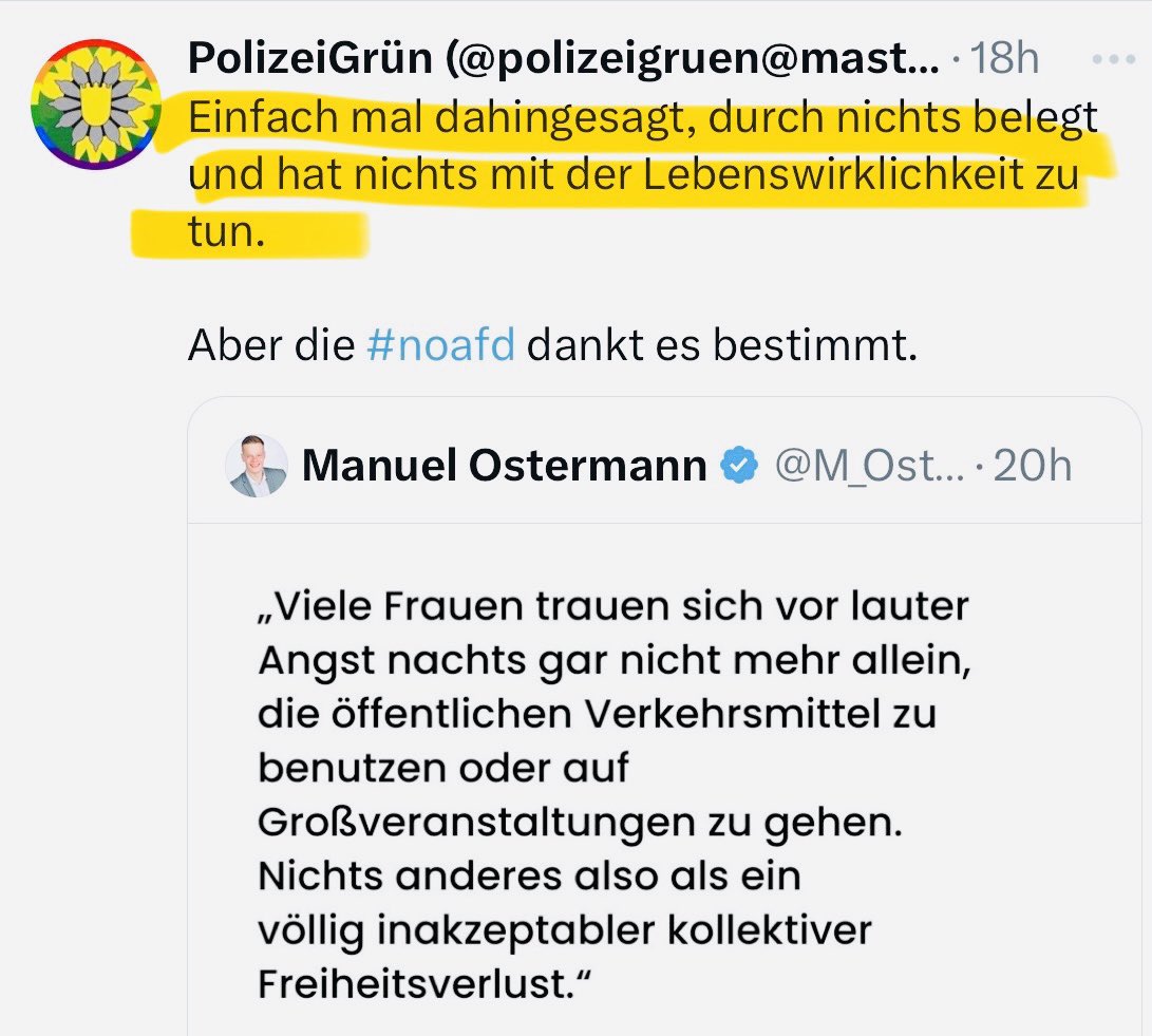 #DPolGHH»…durch nichts belegt…«? Die #BKA-Studie aus 2022 ist ziemlich klar. 58 Prozent der Frauen meiden nachts bestimmte Plätze u. Parks. 52 Prozent der Frauen meiden nachts den ÖPNV. 41 Prozent der Frauen versuchen, nachts gar nicht das Haus zu verlassen.« #Dunkelfeldstudie