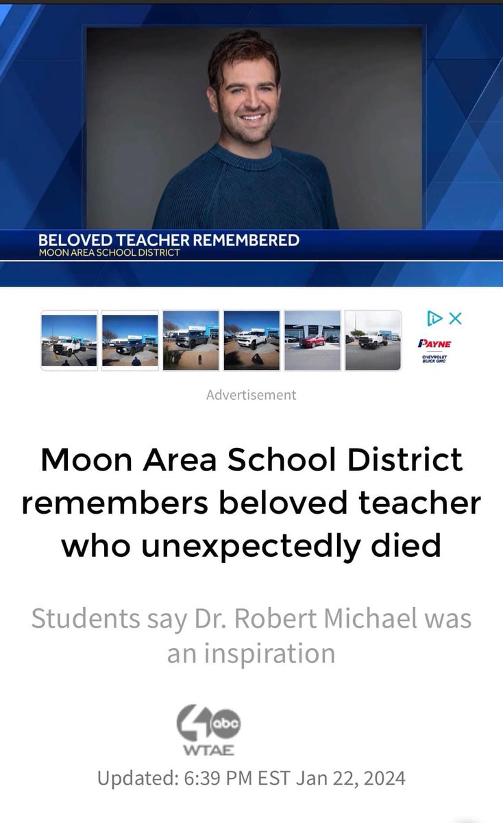 CORAOPOLIS, Pa. —
The Moon Area School District community is mourning the loss of a beloved teacher and theater director who unexpectedly died.
In an email to families on Saturday, the superintendent of the district wrote that Dr. Robert Michael 41 years of age, had a heart