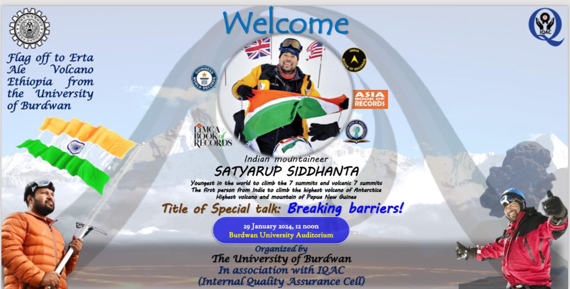 UoB_official's tweet image. Exciting news! IQAC #Universityofburdwan is set to host a special talk by renowned mountaineer @SatyarupS on January 29, 2024, at 12:00 PM. Join us for an inspiring session titled "Breaking Barriers."🏔️ #IQAC #BreakingBarriers #Worldrecord #motivationaltalk