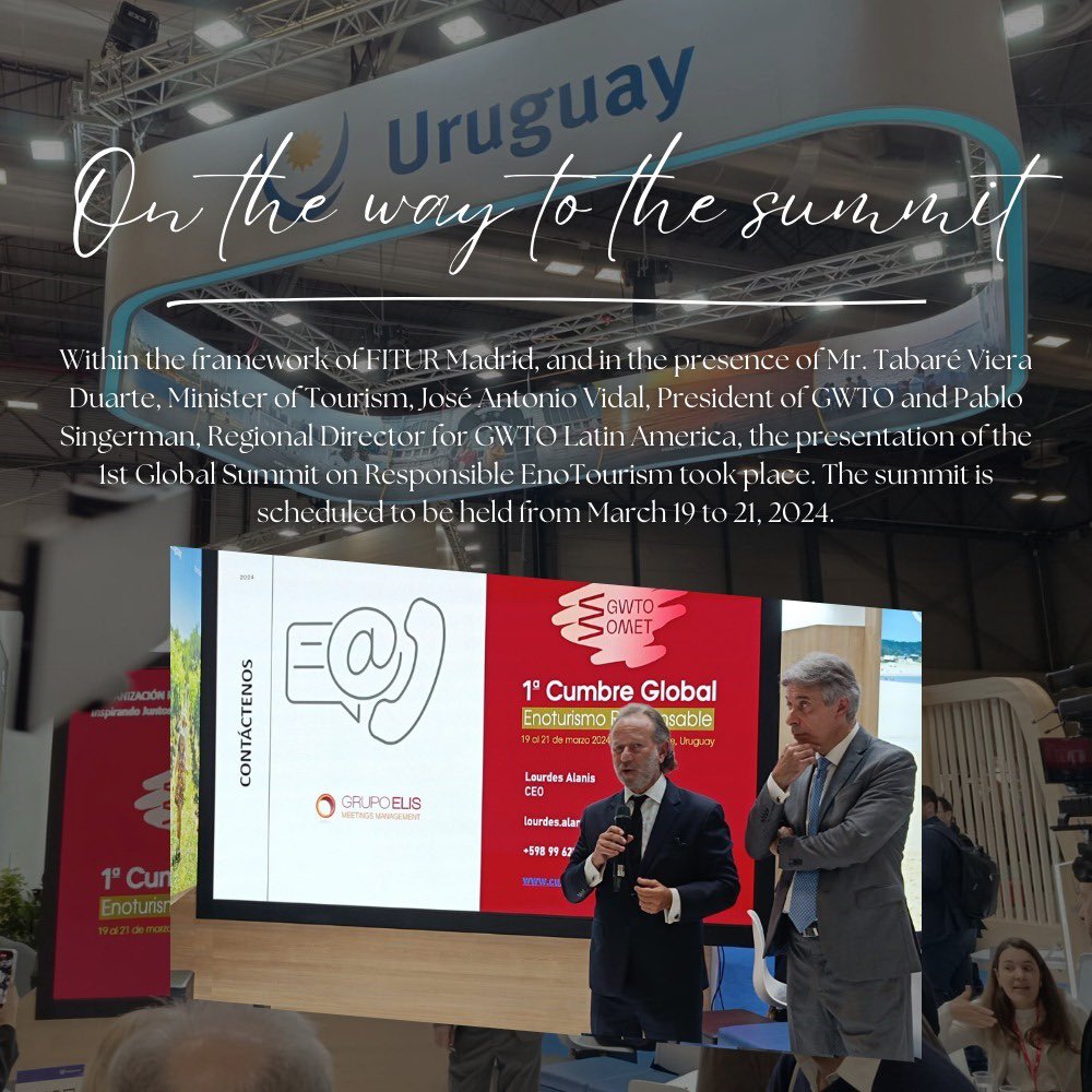 📅 Enero 25, el presidente de <a href="/gwto_omet/">GWTO OMET</a> José A Vidal presentó en #FITUR la Cumbre Global deEnoturismo Responsable 🍇🍷que tendrá lugar en Punta del Este #Uruguay 🇺🇾 Os esperamos ! <a href="/roquebaudean/">Roque Baudean</a> 
<a href="/PabloSingerman/">Pablo Singerman</a> <a href="/Uruguay_Natural/">Uruguay Natural</a> <a href="/submintur/">Subsecretaría de Turismo 2020-2025</a> <a href="/enoturEspana/">AEE - Asociación Española de Enoturismo</a>