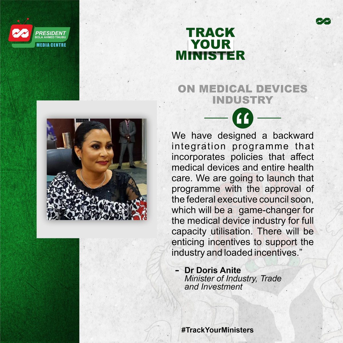 - Improved local production of health equipments.

- Plans for nuclear energy.

- Citizenship administration in Nigeria.

- Illicit movement of explosives.

Pay attention to policy directions under the renewed Hope administration as we help you to #TrackYourMinisters.