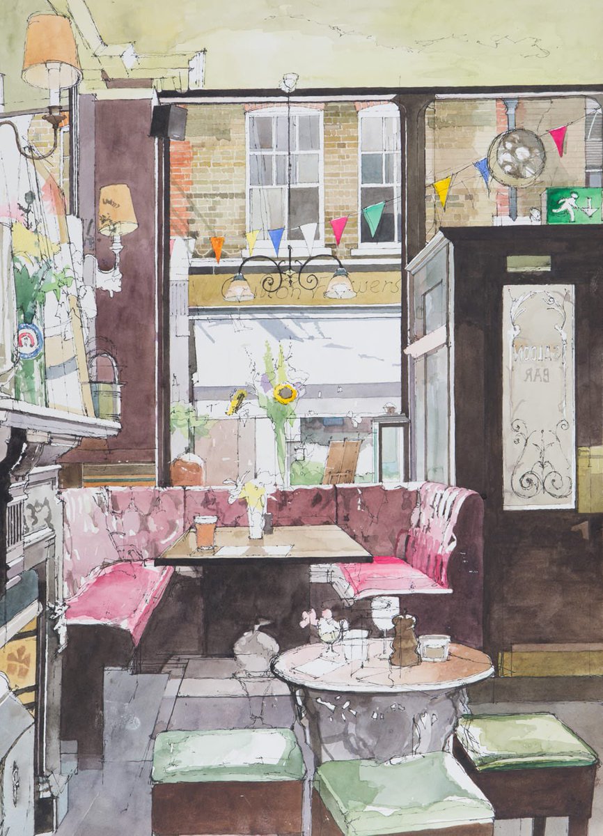 'The Flask, interior’, 2015, watercolour on paper, 74.5 x 53.5cm #hampstead #northlondon #Londonart #londonpainting #fineartist #fineartpainting