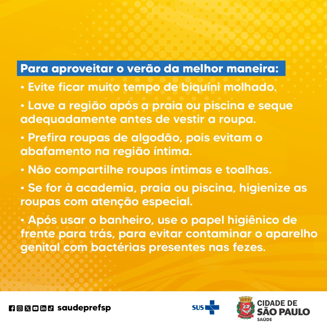 saudeprefsp's tweet image. 👙 O verão é ótimo para aproveitar a praia e a piscina, mas é importante tomarmos alguns cuidados para garantir a saúde da nossa região íntima.

🔗 Para saber mais, acesse o nosso site: prefeitura.sp.gov.br/cidade/secreta…

#SaudePrefSP #SUS #VeraoMaisSaudavel #SaudeIntima