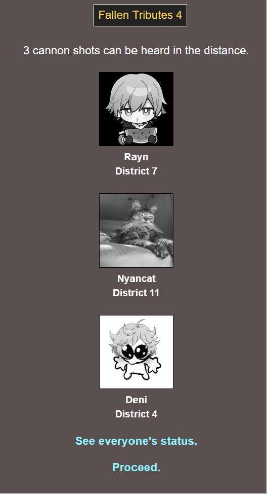 DAY 4 and Fallen Tributes! 🍴
────────────────
<a href="/traillazy/">⁣ ⁣ ⁣⁣ Ꮢiku</a> and <a href="/im_munition/">𝙈𝘼𝙍𝙄𝙉𝙆𝙊𝙑𝙄𝘾, 𝐃𝖾𝗇𝗂𝖾𝗅.</a> have fallen!

We have two NPCs (Doggo + Shark) and two players (<a href="/SKlNCRAWL/">𝑴atthew Blakely.</a> + <a href="/howlcaust/">𝐌𝐈𝐂𝐇𝐀𝐄𝐋. 🐻</a>)!

Anyone wanna place a bet?
(Feel free to QRT).