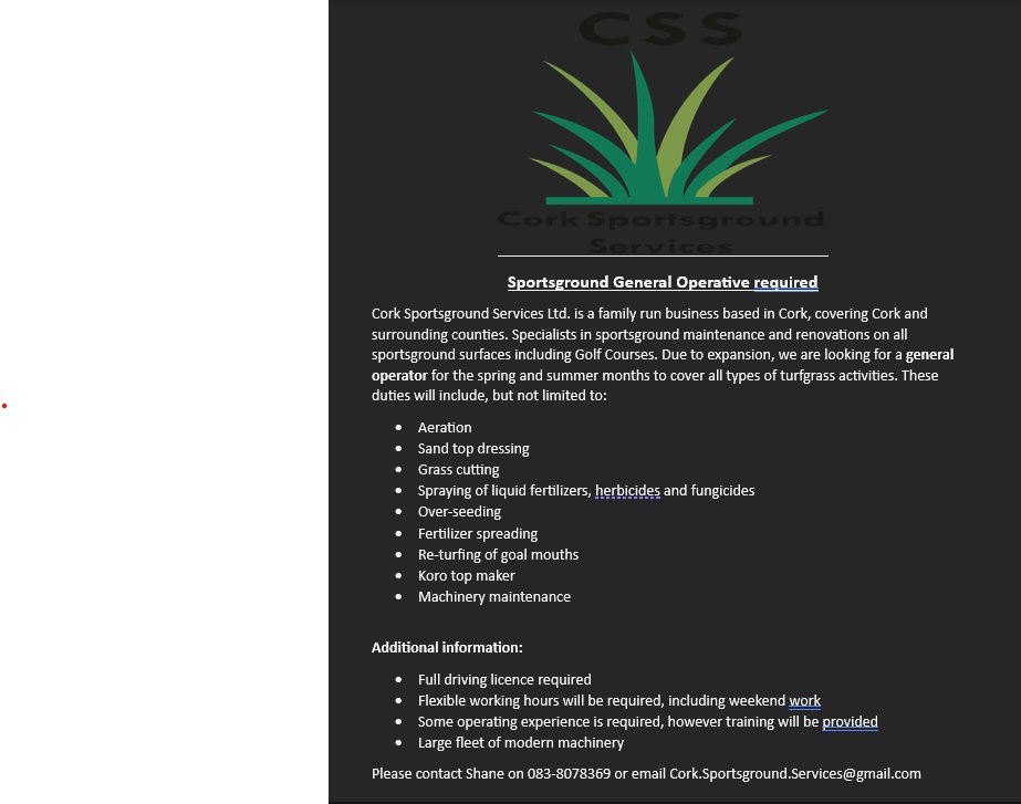 We are looking for staff for the upcoming busy summer period. Please see below <a href="/greenkeepingire/">GreenKeeping Ireland</a> <a href="/ATPI21/">ATPI☘</a>