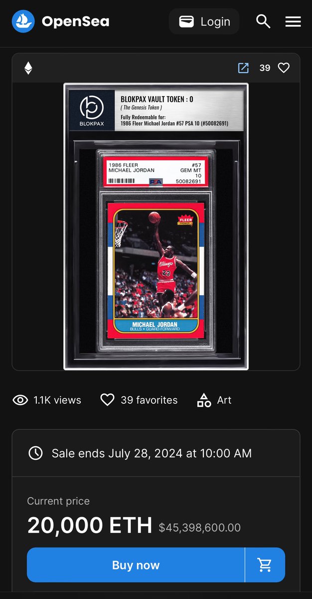 ethFRENCHIE's tweet photo. This NFT is the FIRST vaulted and tokenized physical collectible. 

It’s a major key card. One of the most important.  This claim is to the best of my knowledge.  

It is owned by our @blokpax community.  

Now sure…some people stuck jpgs of random trading cards on NFTs prior to this but there was no custody mechanism or framework that established valid tokenization of a specific asset in any of those instances that I’ve seen.  

The world will eventually be tokenized.  So many things (almost everything?) will have an on-chain title or provenance component.  And when history eventually decides to look back at the infancy of asset tokenization I believe this Michael Jordan rookie card will be a very meaningful on-chain time capsule.  

It l belongs in a museum with its provenance remaining on-chain. I think that happens one day. Maybe after I’m gone. Maybe in a few short years…idk.  

As for the physical asset itself…After peaking in meat space auctions at about $750k similar PSA 10 86 Fleer Jordans dipped to about $140k post pandemic crash.  The most recent sale was back to $370k with what feels like a solid base being formed to take these cards to $1 million in the decade ahead (not financial advice - do your own research). 

Back to this NFT. 

If anyone wants to point me to contrary info about the provenance of tokenized assets I’m happy to explore it.  I’m not trying to make any false claims. 

The card in meat space has comps…sure.  But the TOKEN on Ethereum that is the TITLE OF OWNERSHIP for THIS card is VERY SPECIAL.

The blockchain has a lot of history to be explored.  At worst, this card was the first for Blokpax…that’s worst case…but I believe it’s MUCH MUCH more than that. 

Until I’m shown otherwise.  This is still GENESIS.  

iykyk 👊