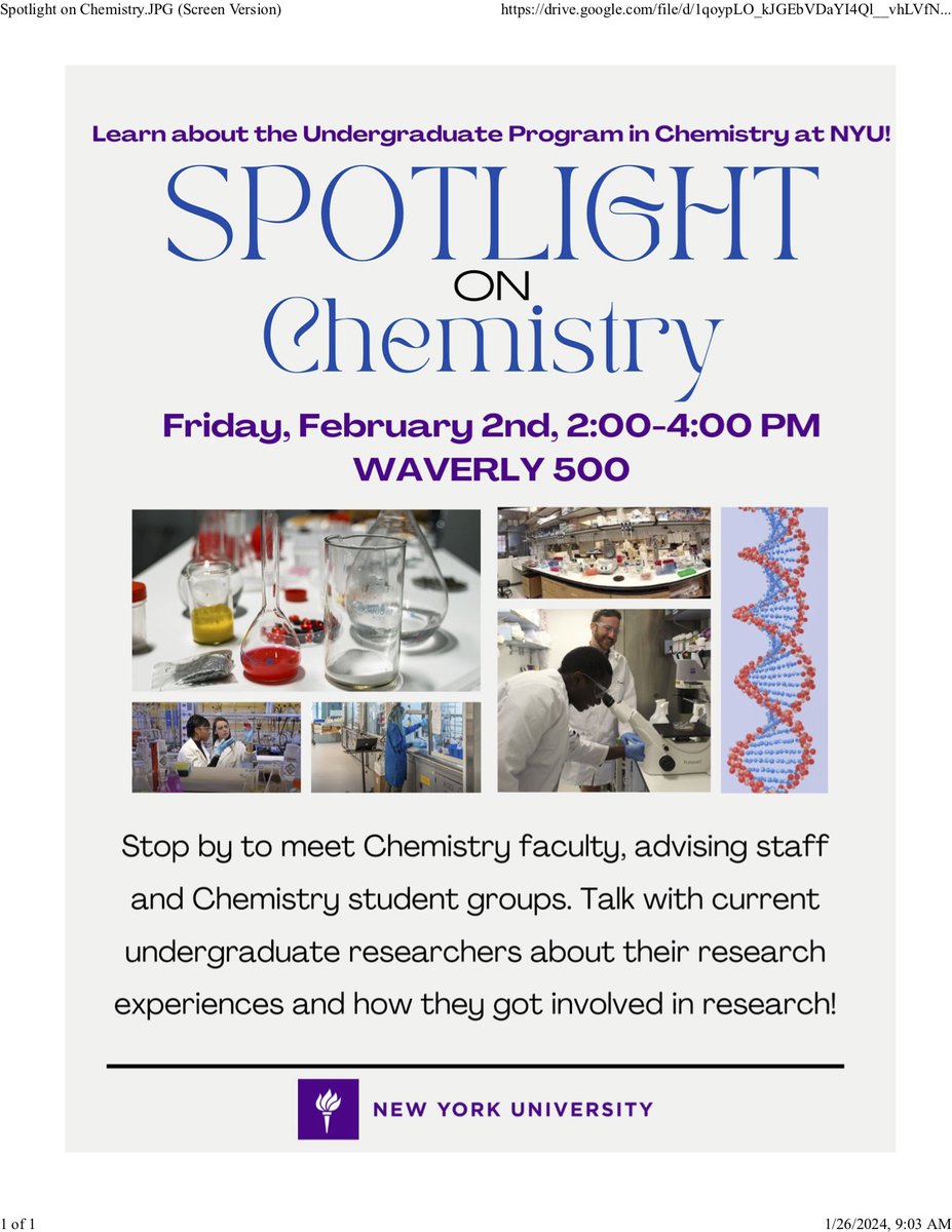 Attn: NYU Chem Undergrads! Stop by SPOTLIGHT ON CHEMISTRY to learn about research experiences and opportunities on February 2.