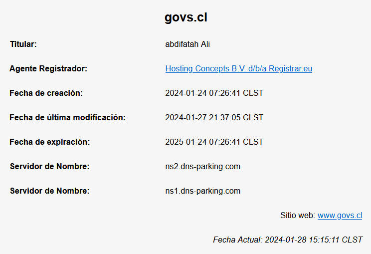 1ZRR4H's tweet photo. 🚨 El día 24-01-2024 detectamos el registro del dominio govs[.]cl a nombre de "abdifatah Ali".

Ayer, 27 de enero el sitio cambió y apareció una web con título "Validacion de Visas Electrónicas - MINREL" suplantando al Ministerio de Relaciones Exteriores de Chile 🇨🇱.

Mucho cuidado donde ingresan sus datos personales.
* Posible amenaza en desarrollo.

🥷 @Huntr3ssX