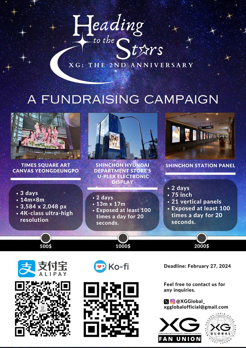 Heading to the Stars 🌟 XG: The 2nd Anniversary

ALPHAZ Crowdfunding 🐺🙏

• Shinchon Store's U-Plex &amp; Station Panel (2 Days)
• Times Square Art Canvas Yeongdeungpo (3 Days)

Goal: 2000$
Final date: 02/27

ko-fi.com/xgglobal

(MORE DETAILS IN THREAD 🧵👇)

#XG #ALPHAZ