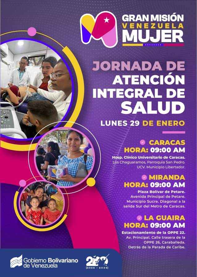 🏥 🩺 Este Lunes #29Ene seguimos dando cumplimiento al 1er. Vértice de la <a href="/mvenezuelamujer/">Gran Misión Venezuela Mujer</a> en #Caracas #LaGuaira y #Miranda, y así seguir garantizando servicios médicos de calidad, gratuitos y esenciales para todas las mujeres. 

📍 Asiste mañana desde las 9:00 AM.