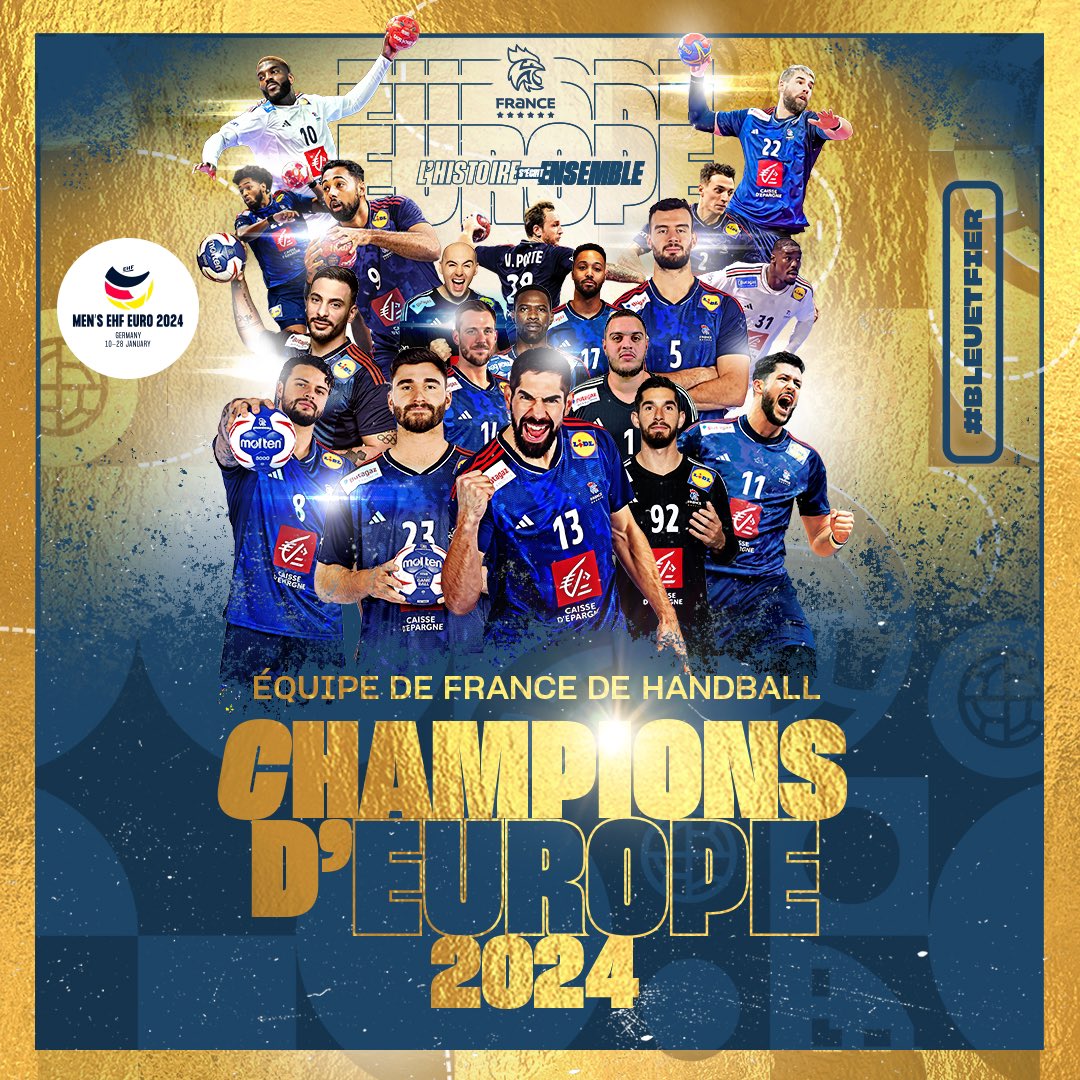 Quel match !! Ils l’ont fait, les handballeurs français sont champions d’Europe ! @FRAHandball Nous avons vécu un immense moment de sport ! Les bleus s'imposent face aux Danois et montent sur le toit de l'Europe ! Bravo et merci les bleus 🇫🇷 #fierdetrebleu 🤾