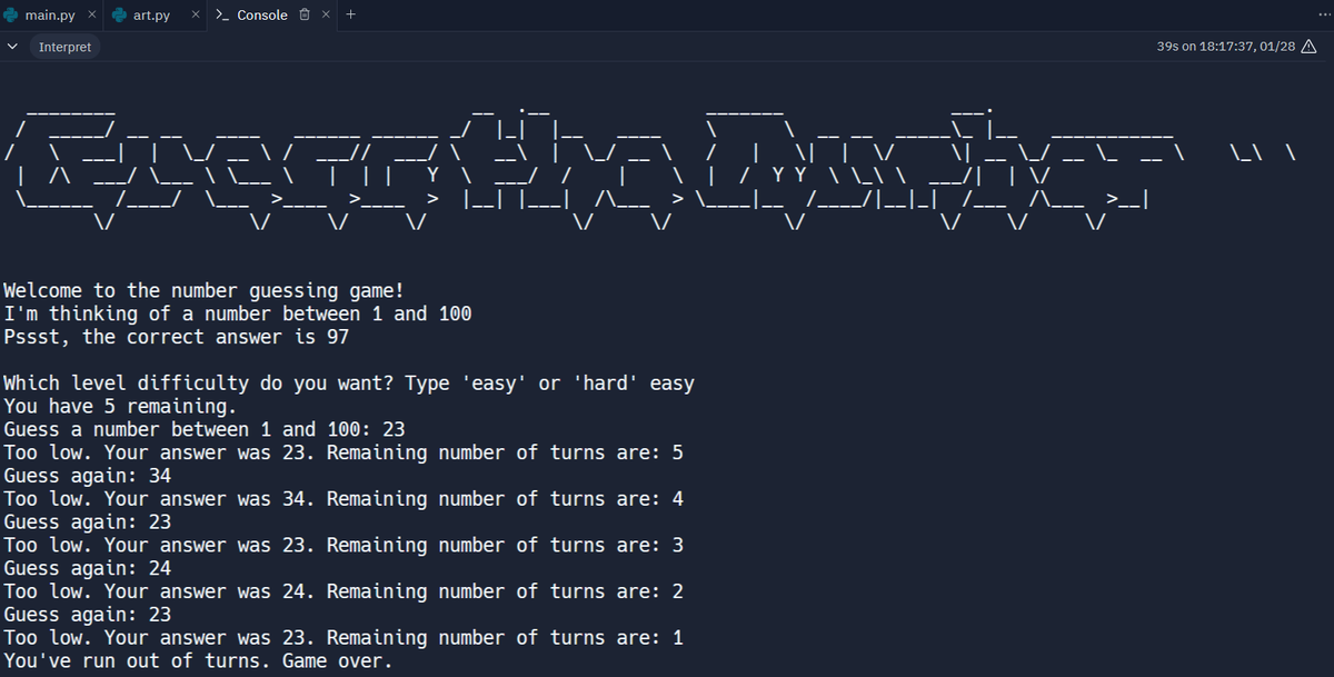 HoneyDevs's tweet photo. Day 12 Complete! As part of the course, I had to make a Guessing Number game where you have to ask the user to guess a number and match it up against the computer's random guess. It could use more improvement.
#Python #100DaysOfCode #pythonprogramming https://t.co/UjAUl40CC8