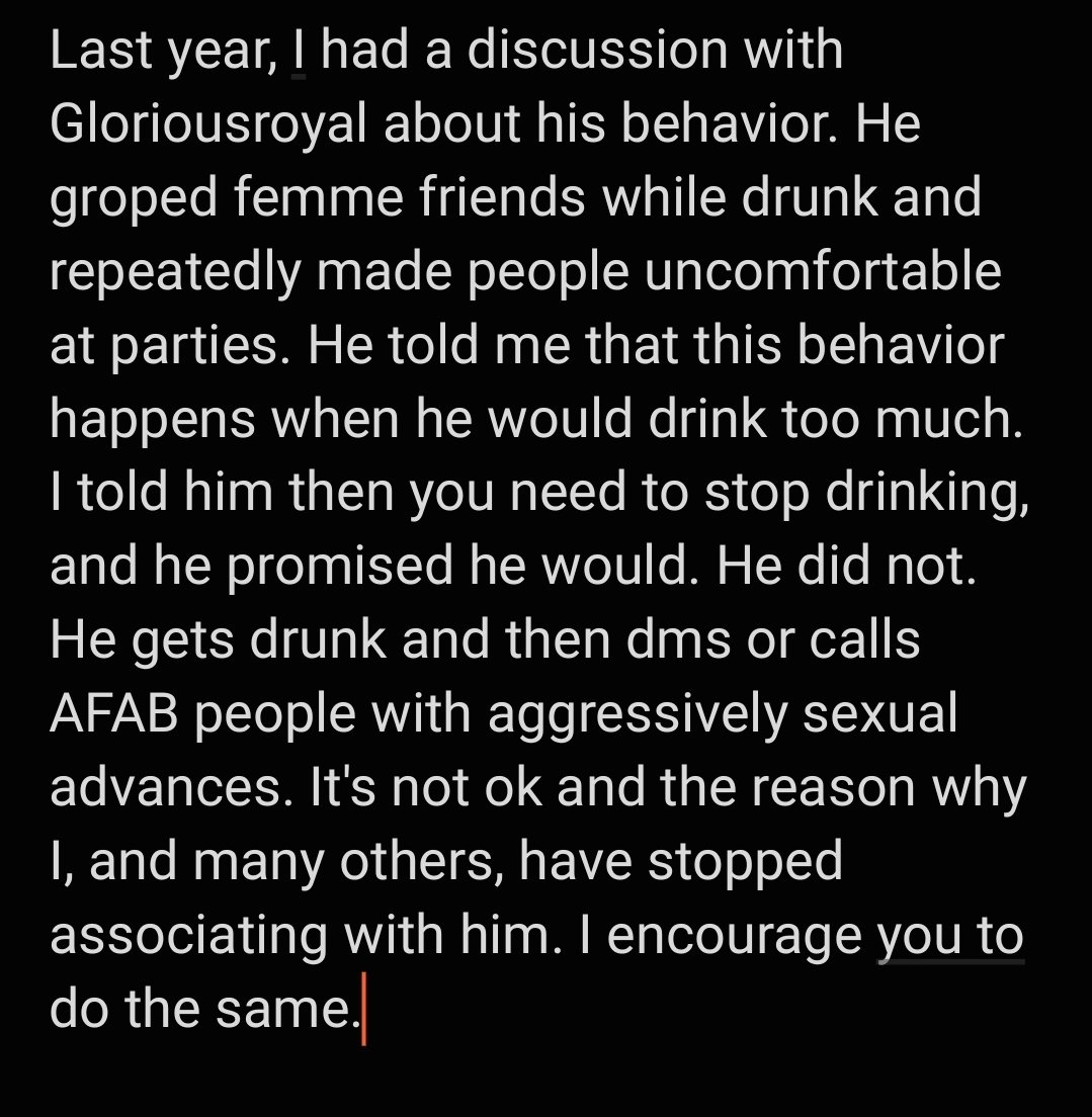 Nan_dre_'s tweet photo. Gloriousroyal has repeatedly made aggressive sexual messages and inappropriately touched femme friends. https://t.co/rASk8vV6rF