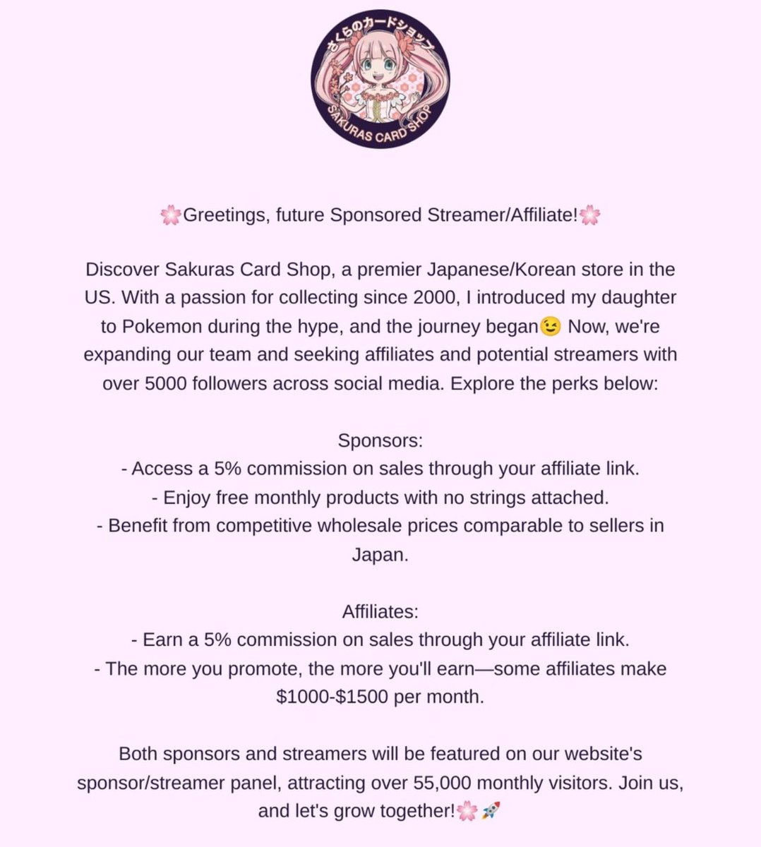 For anyone who is curious about our sponsor program, and affiliate program!

For inquires please email me sakurascardshop@gmail.com

We will only be communicating through email as every other form of communication is always flooded.

Our sponsorships have the last 2 spots