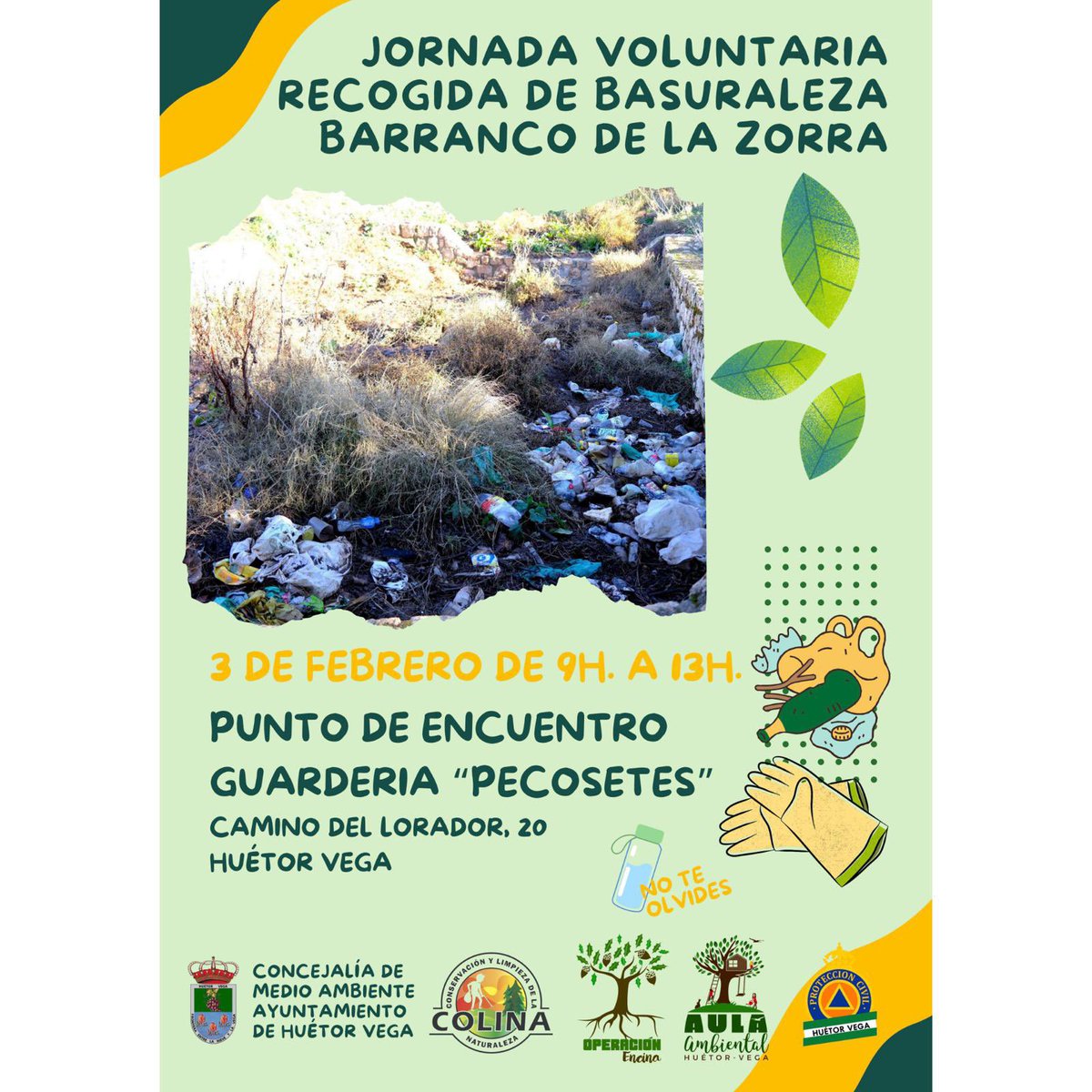 El sábado que viene estaremos junto con el @aytohuetorvega @asociacion_colina y @aulaambientalhuetorvega limpiando el barranco de la zorra en #huetorvega ¿Te vienes? #basuraleza #granada #basuraleza #cleanup