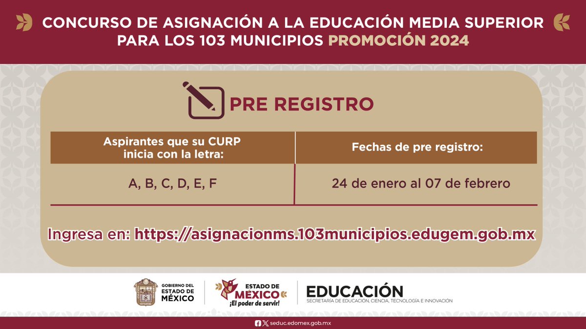 Ya puedes consultar la Convocatoria del Concurso de Asignación a la #EducaciónMediaSuperior para los #103Municipios 2024. 
Consulta la fecha que te corresponde y lleva a cabo el pre-registro. 
Ingresa en 👉 …gnacionms.103municipios.edugem.gob.mx
El trámite es gratuito y personal.
