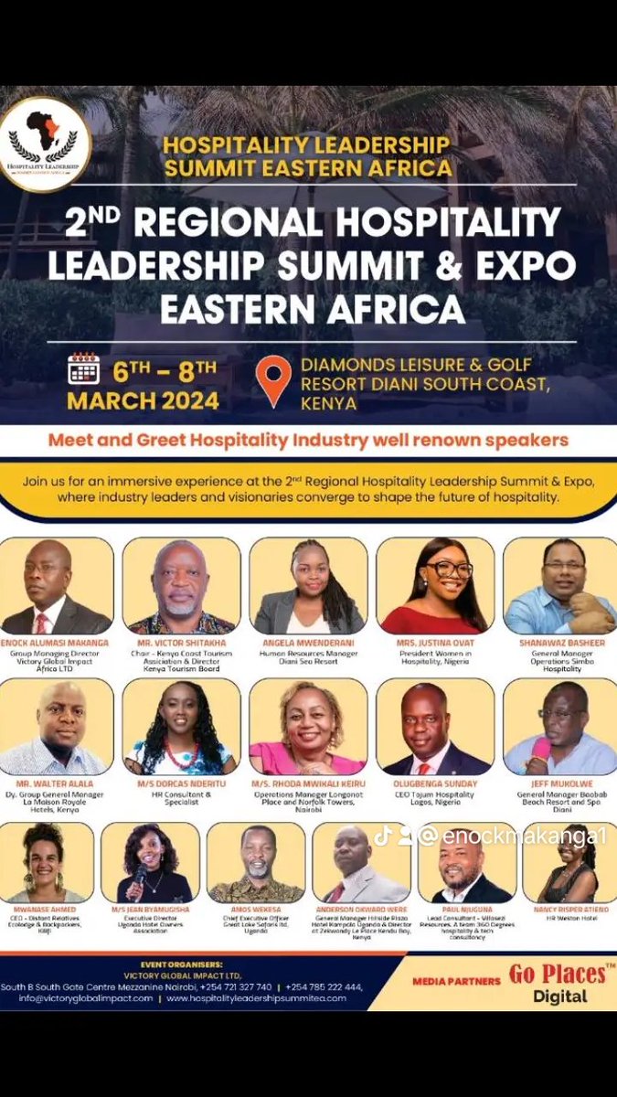 ENOCKMAKANGA66's tweet photo. SECOND REGIONAL HOSPITALITY LEADERSHIP SUMMIT EASTERN AFRICA DIANI, Diamonds Leisure Beach &amp; Golf Resort  SOUTH COAST KENYA. 6th-8th March 2024.
To attend the Expo and Conference
Book your details on: https://t.co/c1qIJNbfkZ 
Email us on info@victoryglobalimpact.com https://t.co/fXmYNiHl5x