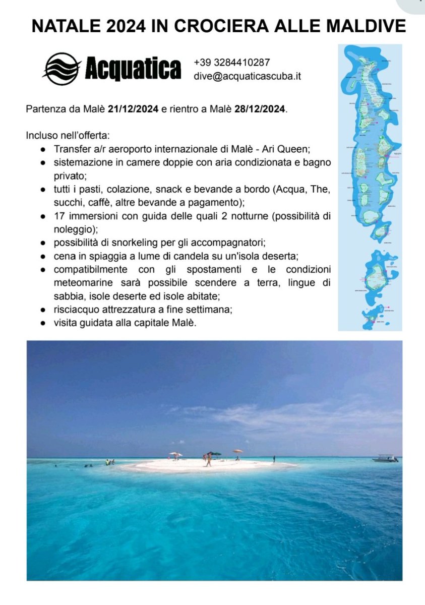 Acquatica_Scuba's tweet photo. Natale alle Maldive🎄
Crociera subacquea dal 21-12-2024 al 28-12-2024 per sub e non sub.
Ultime cabine libere!!!

Per info contattare @acquaticascuba ☎️ 328 441 0287 
💻dive@acquaticascuba.it
https://t.co/9pxkXUH1go

#acquaticascuba #divingschool #diving #immersioni #subacquea https://t.co/RGaOGvQDQT