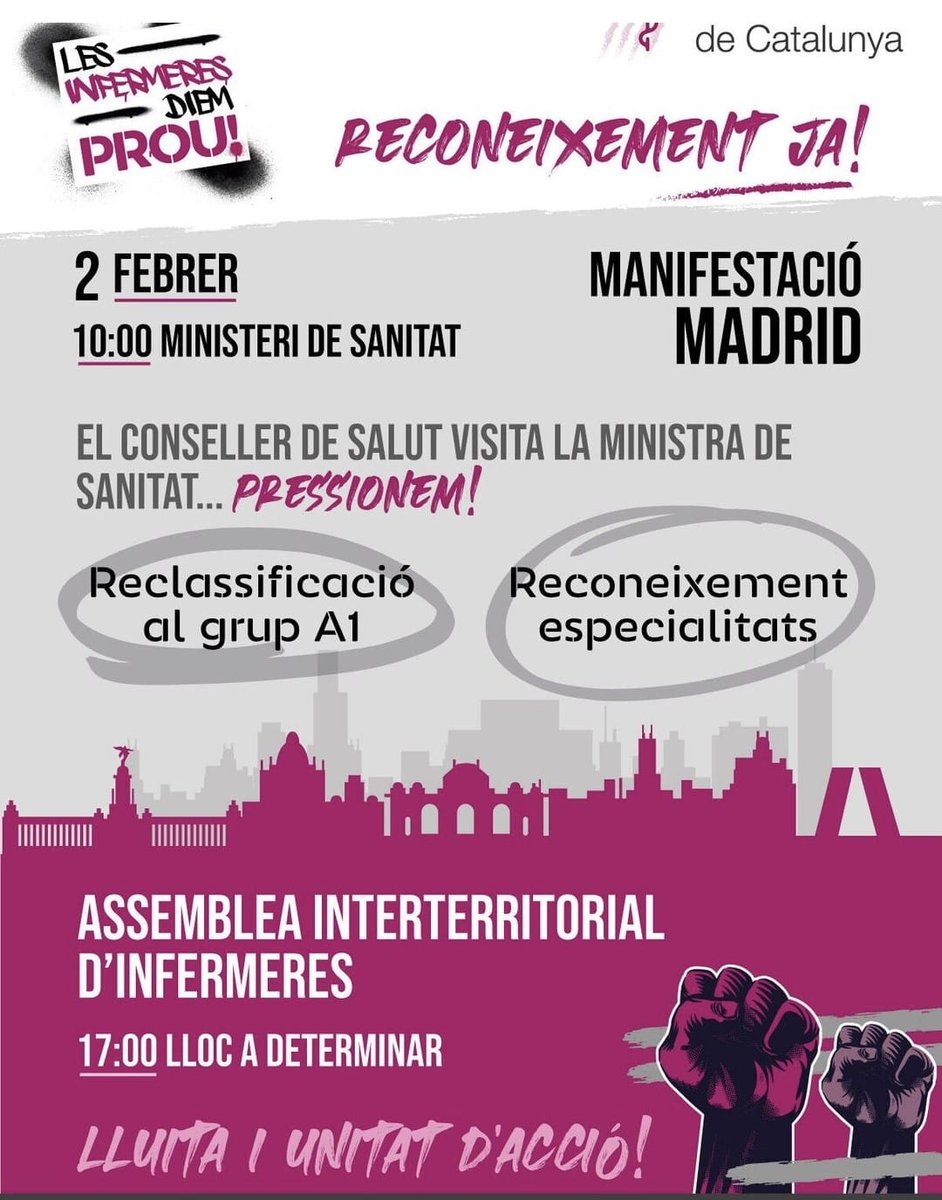 <a href="/CatInfermeres/">Infermeres de Catalunya</a> <a href="/PSOE/">PSOE</a> <a href="/sumar/">Sumar</a> <a href="/ppopular/">Partido Popular</a> <a href="/PODEMOS/">Podemos</a> <a href="/eajpnv/">EAJ-PNV</a> <a href="/ehbildu/">EH Bildu</a> <a href="/upn_navarra/">UPN</a> <a href="/Esquerra_ERC/">Esquerra Republicana</a> <a href="/JuntsXCat/">Junts per Catalunya🎗</a> <a href="/Monica_Garcia_G/">Mónica García</a> <a href="/javierpadillab/">Javier Padilla</a> Companyes, no ens queda més remei que pressionar o continuaran simulant debats de finançament i altres detalls per mantenir-nos esperant eternament. 
Divendres 2 febrer #InfermeresDiemProu anem a fer pinya a Madrid acompanyades de #EnfermerasDecimosBasta
Ja no esperarem més!!