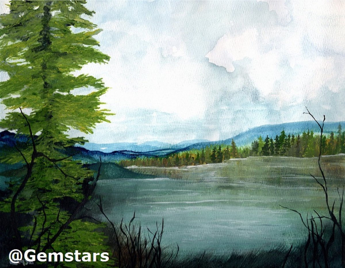 #Gemstar #gemstars #artist #artistsontwitter #lake #trees #nature #sky #watercolorpainting #abstractart #Canada #BritishColumbia #abstract #art #PositiveEnergy #landscape #Clouds Across the Lake watercolor painting.