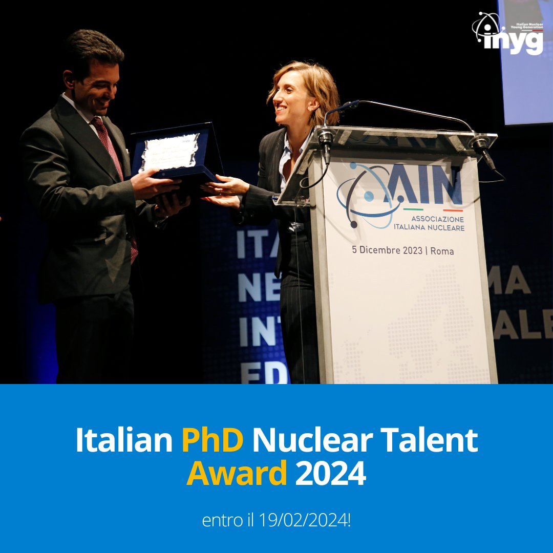 Parte l'Italian PhD Nuclear Talent Award 2024: tre premi in denaro per le migliori tesi PhD nucleari, ed il primo classificato sarà il candidato italiano per lo ENS High Scientific Council PhD Award 2024 fino al 19 Febbraio! associazioneitaliananucleare.it/italian-phd-nu…