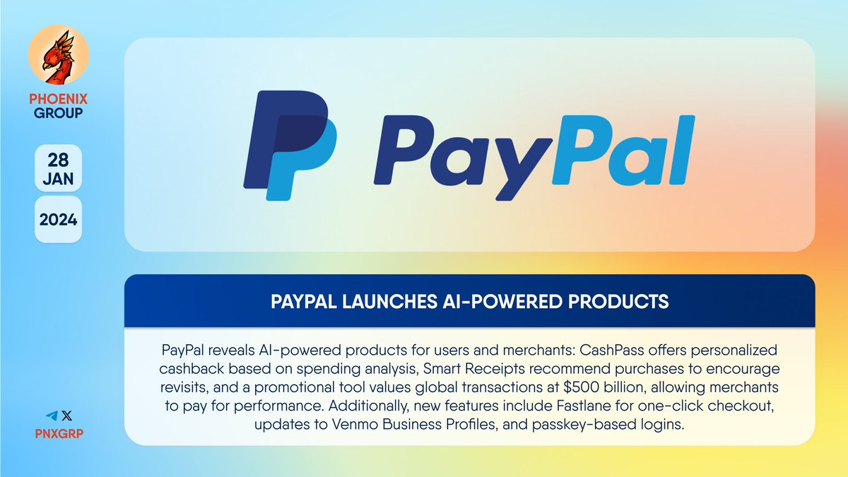 🔥 @PayPal launches #AI-powered products. #PayPal reveals AI-powered  products for users and merchants: CashPass offers personalized cashback  based on spending analysis, Smart Receipts recommend purchases to encourage  revisits, and a promotional tool