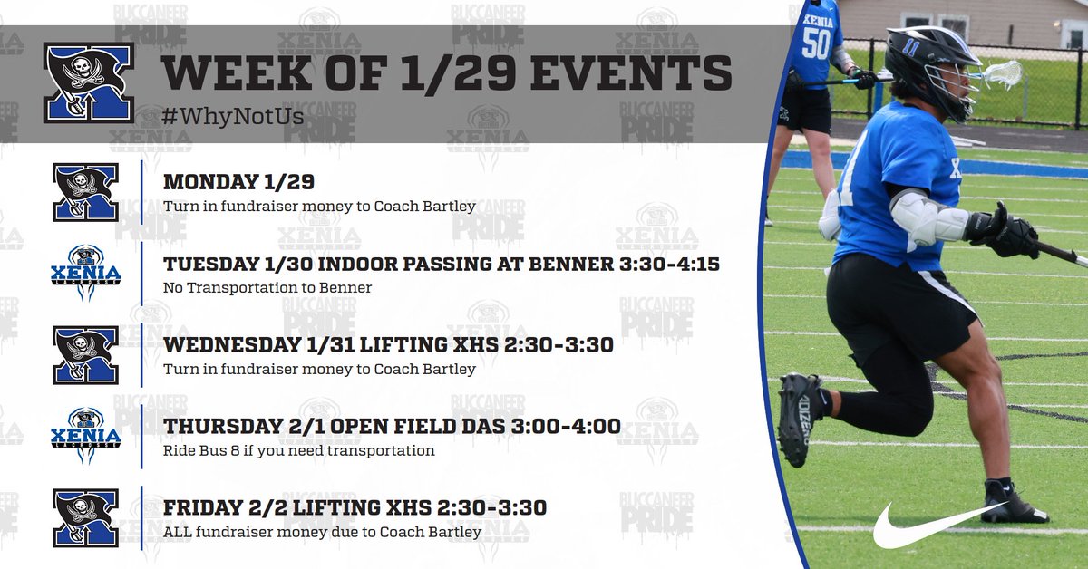 The schedule for the week.  Notice we are at Benner on Tuesday. You will need to find your own transportation for that day.  All Fundraising money is due this week. <a href="/XeniaAthletics/">Xenia Athletics</a>