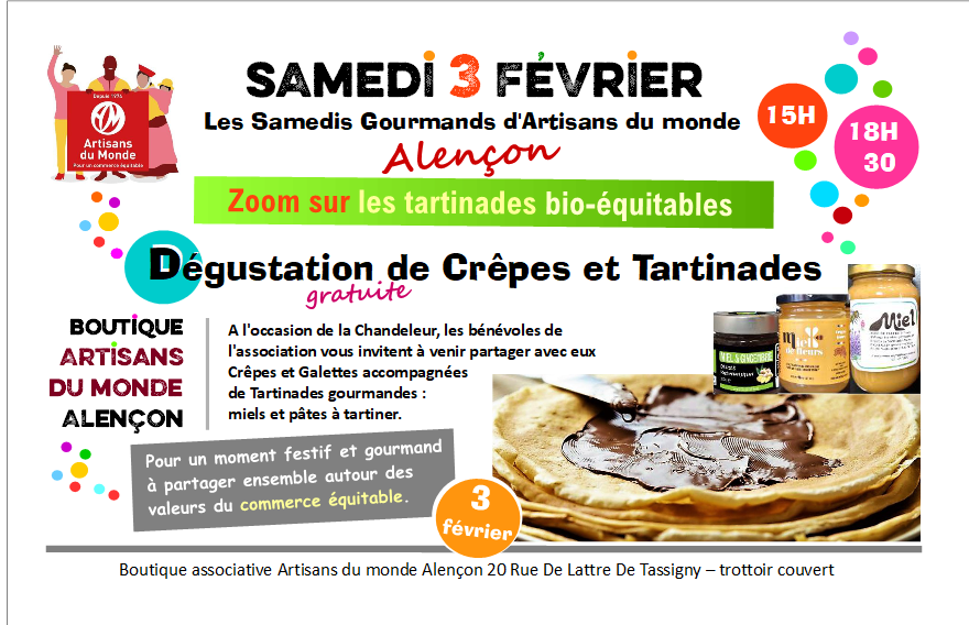 AdMAlencon's tweet photo. Dégustation de crêpes et tartinades : le miel de Valframbert, le miel des abeilles noires récolté dans l'Orne, le miel au gingembre et les pâtes à tartiner bio-équitables d'Artisans du monde. Pour un goûter convivial à partager ensemble autour des valeurs du commerce équitable. https://t.co/rNMuwSqLKn