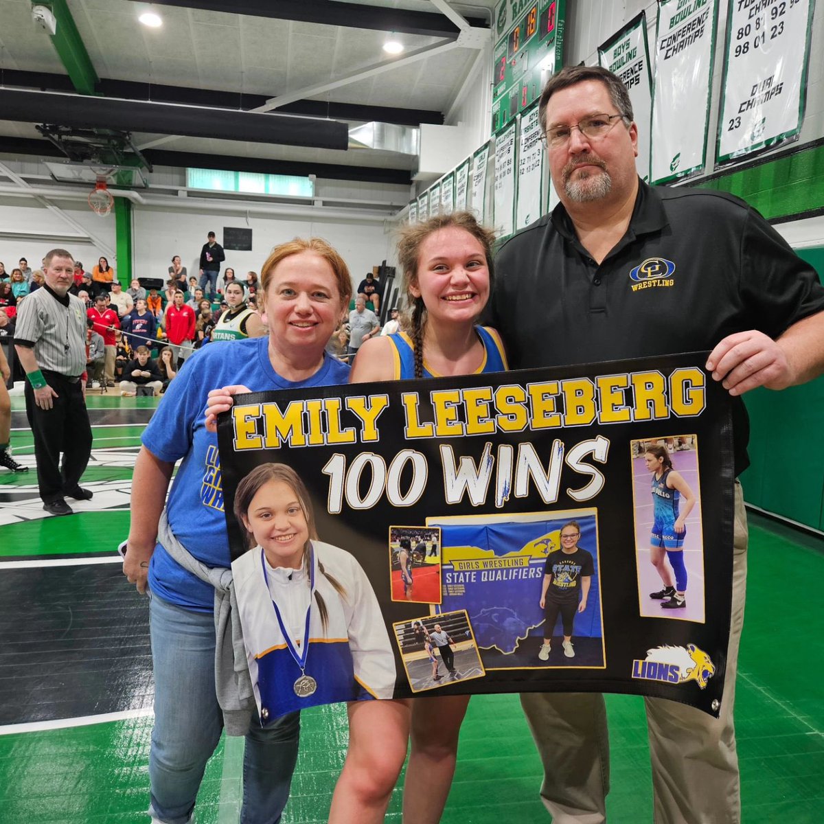 This young lady keeps making history! Congratulations to Emily Leeseberg on 100 wins! #WeAreLions 💙💛