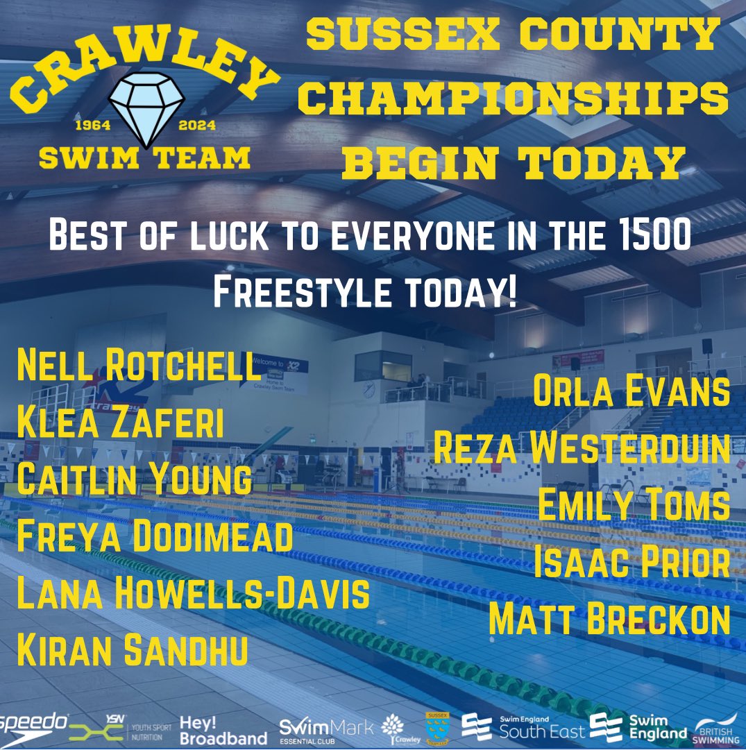 DAY 1: <a href="/sussexasa/">Sussex County ASA</a> County Championships 2024 kicks off today with the 1500’s. 

Best of luck to everyone! GO FOR IT! 💙💛💎💙💛
#teamcrawley