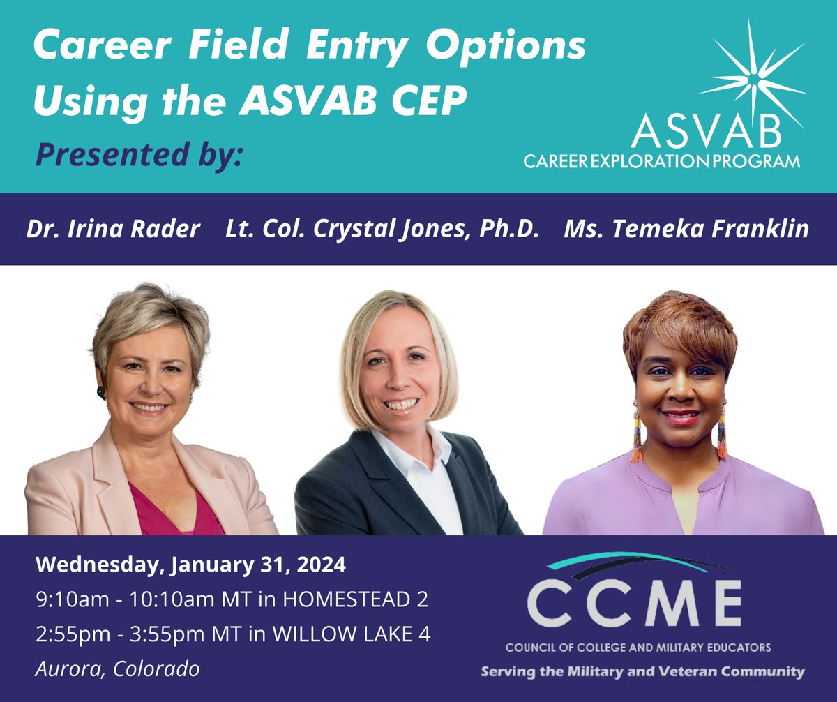 asvabcep's tweet image. Join the #ASVABCEP Team at the Council of College and Military Educators (CCME) Symposium in Aurora, CO, on Wednesday, January 31, where we&apos;ll be presenting twice!! 🌐 

Be sure to attend one of our sessions! 🎉 

#CareerPlanning #EndlessOptions #CCME2024