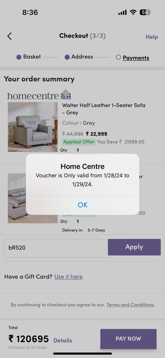 Dishank_09's tweet photo. @HomeCentreIndia unable to use the code BRS20 so can’t order this Walter sofa set https://t.co/wdk6yWAswP