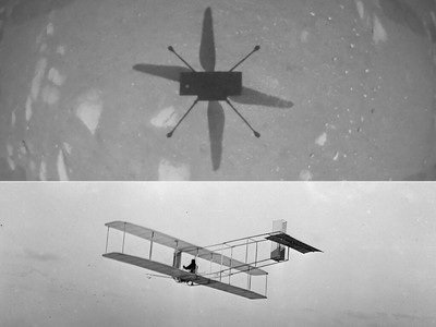 Astropartigirl's tweet photo. Wanna hear something incredibly cool? A small swatch of material from the left wing of the Wright Brothers plane, the first plane to ever fly on Earth, is attached to Ingenuity on Mars. 

So, a piece of the first plane to ever fly on Earth was also part of the first ever flight on Mars. What a beautiful thing. 

#ThanksIngenuity #Ingenuity #WrightBrothers 

Left photo credit: Upper from NASA JPL, lower from Library of Congress
Right photo credit: NASA JPL.
