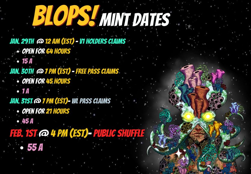 𝗧𝗵𝗲 𝗜𝗻𝘃𝗮𝘀𝗶𝗼𝗻 𝗜𝘀 𝗡𝗲𝗮𝗿𝗶𝗻𝗴… 🛸

HOLDERS CLAIMS BEGIN AT 12A EST!
Claims Will Be Open For 64 Hours! 🐙 
See Below For The Full-Line Up! 🗓