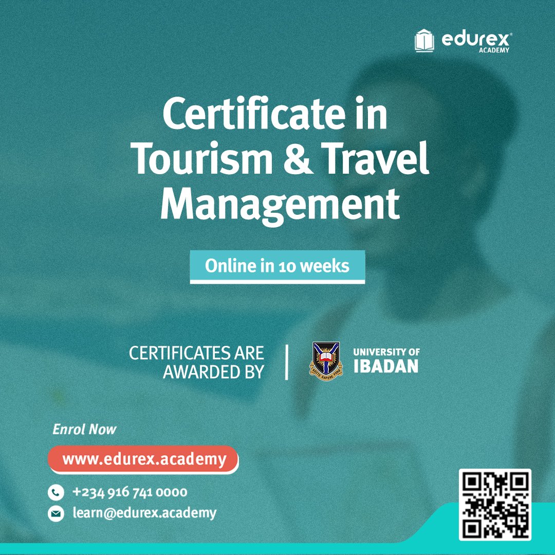 Edurex_Academy's tweet photo. Enrol in a tourism and travel management course with certificate awarded by the University of Ibadan.
To get started, visit https://t.co/ogqiJFHuGj or call +234 916 741 0000, +234 916 742 0000
#EdurexAcademy #LearningThatTranforms #OnlineLearning #UniversityofIbadan https://t.co/vp4Olex2oZ