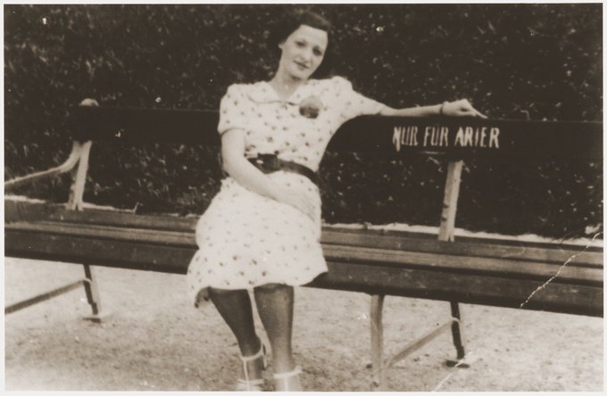 Vienna, 1938: Lizi Rosenfeld sits on a park bench with a sign "Only for Aryans.&rdquo; https://t.co/SRYOnn