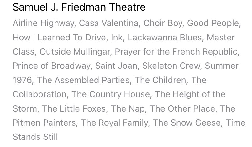 At which Broadway or West End theatre have you seen the most number of shows? Mine’s the Friedman at 27, according to the @mezzanineapp