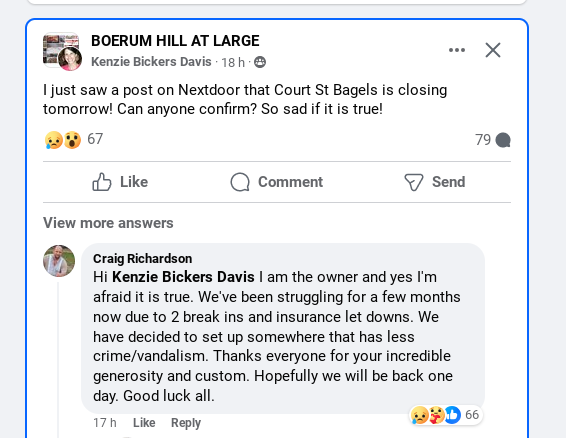 This is insane. Small businesses in *Cobble Hill* are apparently uninsurable now. City's got some real problems folks. RIP Court Street Bagels