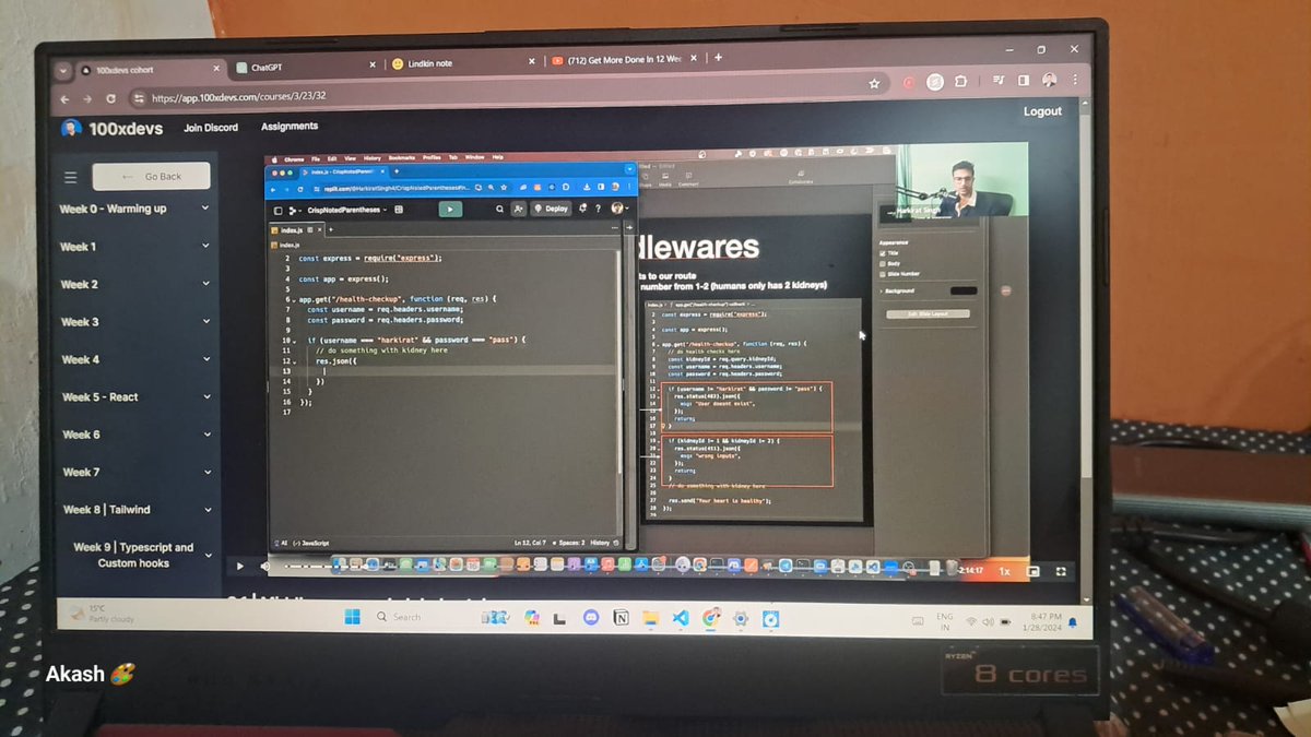 CoderAkash108's tweet image. Excited to embark on a 180-day web development challenge! 📷 Today marks Day 6/180 as I dive into the world of Middlewares with @kirat_tw #100xDevs  cohort. 📷 Follow my journey and let&apos;s #CodeToTheFuture together! 📷 📷