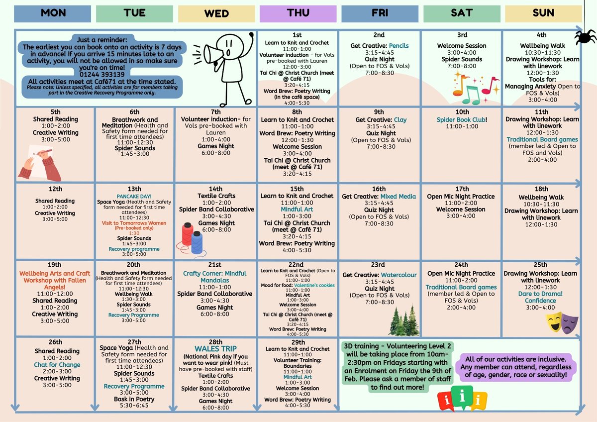 It's that time! Here is the February schedule, with a brand new 'Traditional Board Games' session, a workshop with Fallen Angels, and different types of mindful creativity! Why not try something brand new this month? Pick an activity you've never considered doing and give it a go
