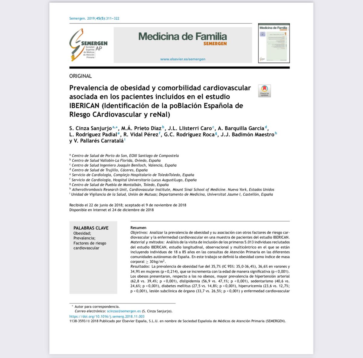 @SEMERGEN_CV @GacetaMedicaCom Con el #IBERICAN sabemos que más del 3️⃣5️⃣% de los pacientes q atendemos en #AtencionPrimaria presentan #Obesidad. Nos consultan por otros motivos la mayoría de las veces, pero actuar sobre la obesidad q es la causa de muchas dlas #comorbilidades por las q nos consultan, es claves