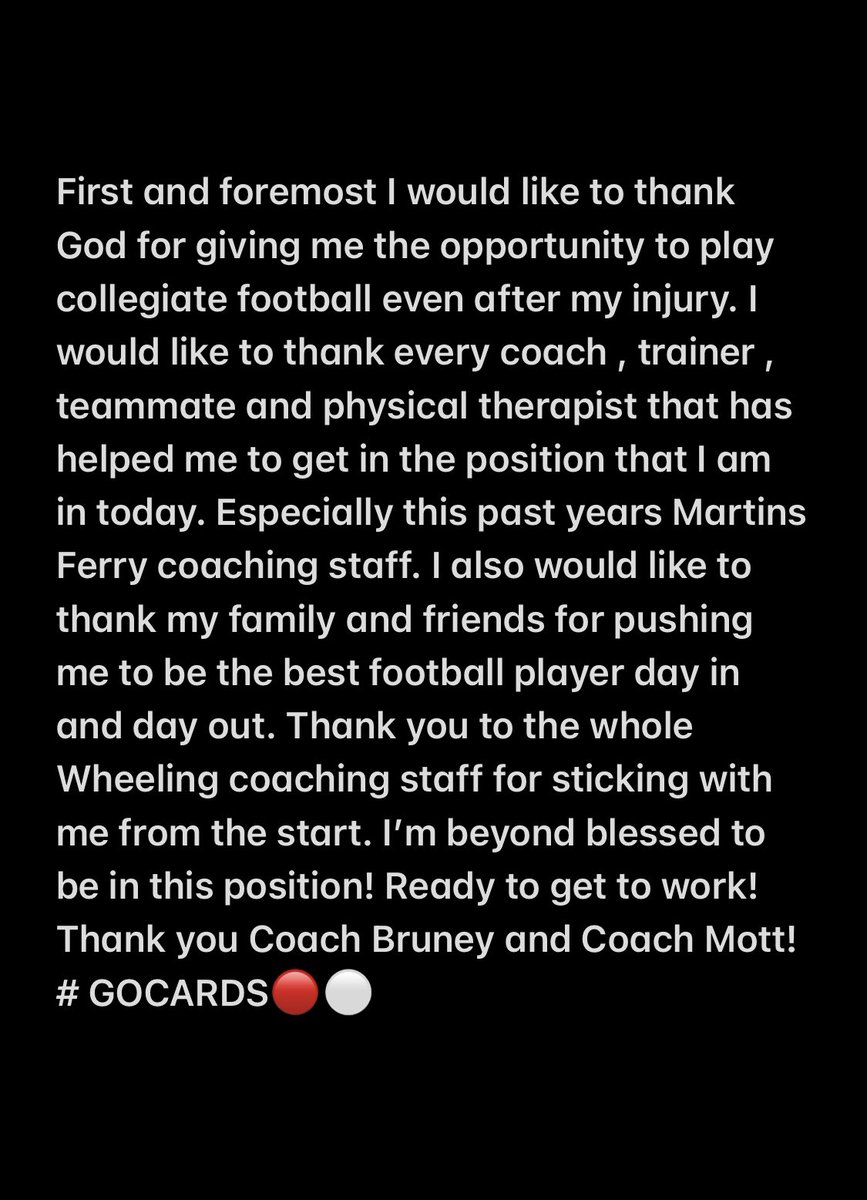 100% COMMITTED !! 🔴 <a href="/WheelingU_FB/">Wheeling U Football</a> <a href="/CoachBruneyW_U/">Zac Bruney</a> <a href="/CoachMottIV/">Mott Gaymon IV</a>