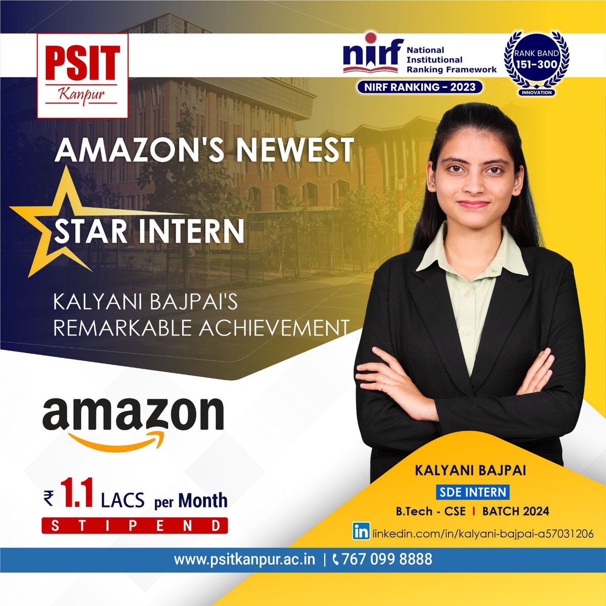 PSITKanpur2004's tweet image. Kudos to Kalyani Bajpai from B.Tech-CSE, batch 2024, for bagging an SDE internship at Amazon with a fabulous stipend of Rs. 1.1 Lacs monthly! 

#BestInternships #incredibleinternships #batch2024 #EraOfAchievers #PSITLegacy #Student #Success #Amazon #btech #aktu #PSITKanpur