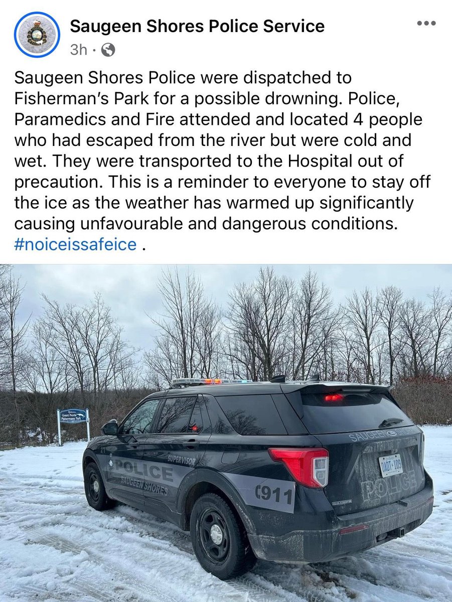 An important message from a neighbouring community.                          No ice is safe ice.