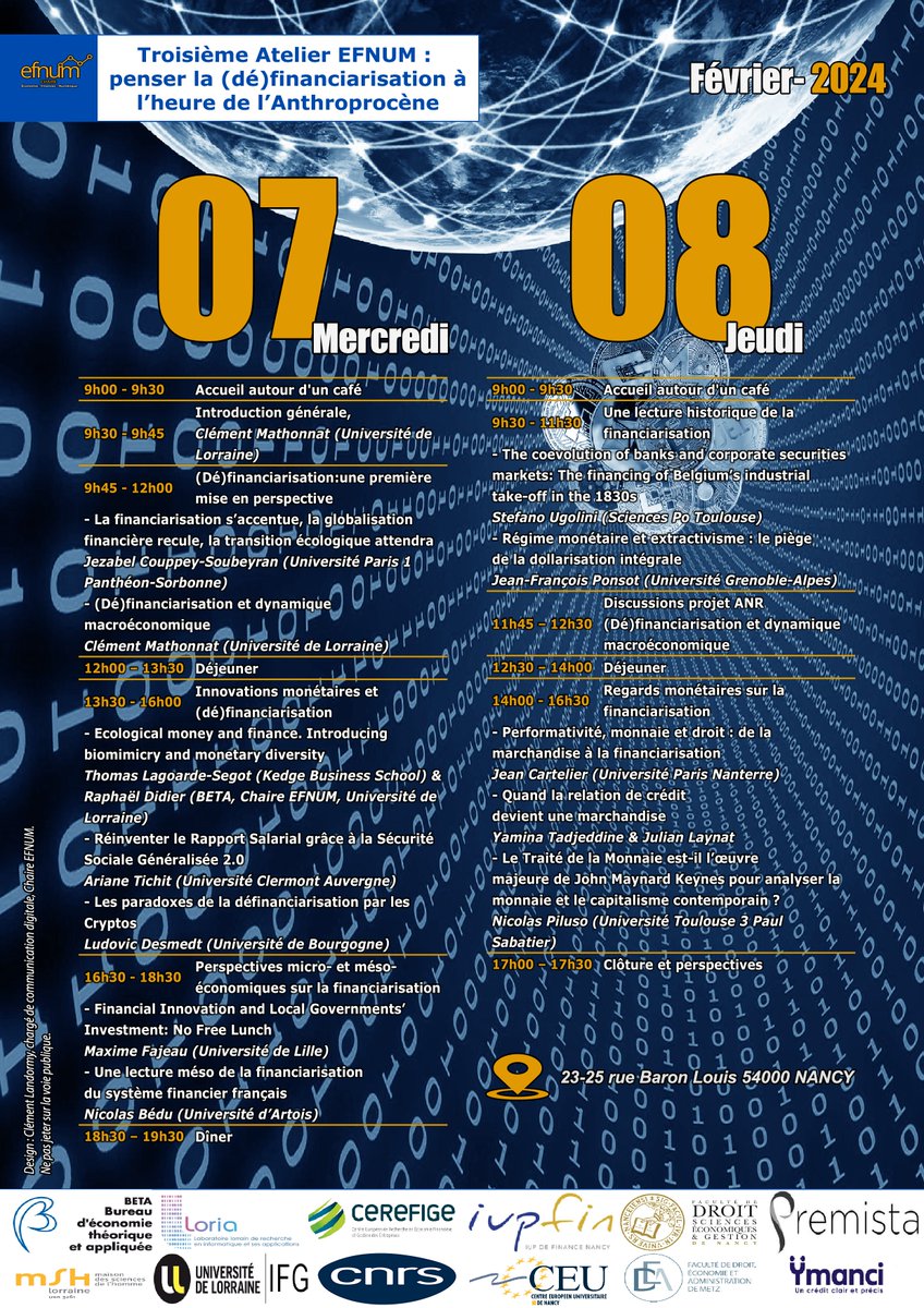 CEfnum's tweet photo. 7 et 8 février : le 3ème Atelier EFNUM, organisé par C. Mathonnat Penser la (dé)financiarisation à l'heure de l'Anthropocène.
avec @jcs_mbf @JFPONSOT @YaminTadjeddine @Economiste57 T. Lagoarde-Segot, A. Tichit, J. Cartelier, L. Desmedt, S. Ugolini, N. Piluso, N. Bedu, M. Fajeau https://t.co/q3wz2jSGo9