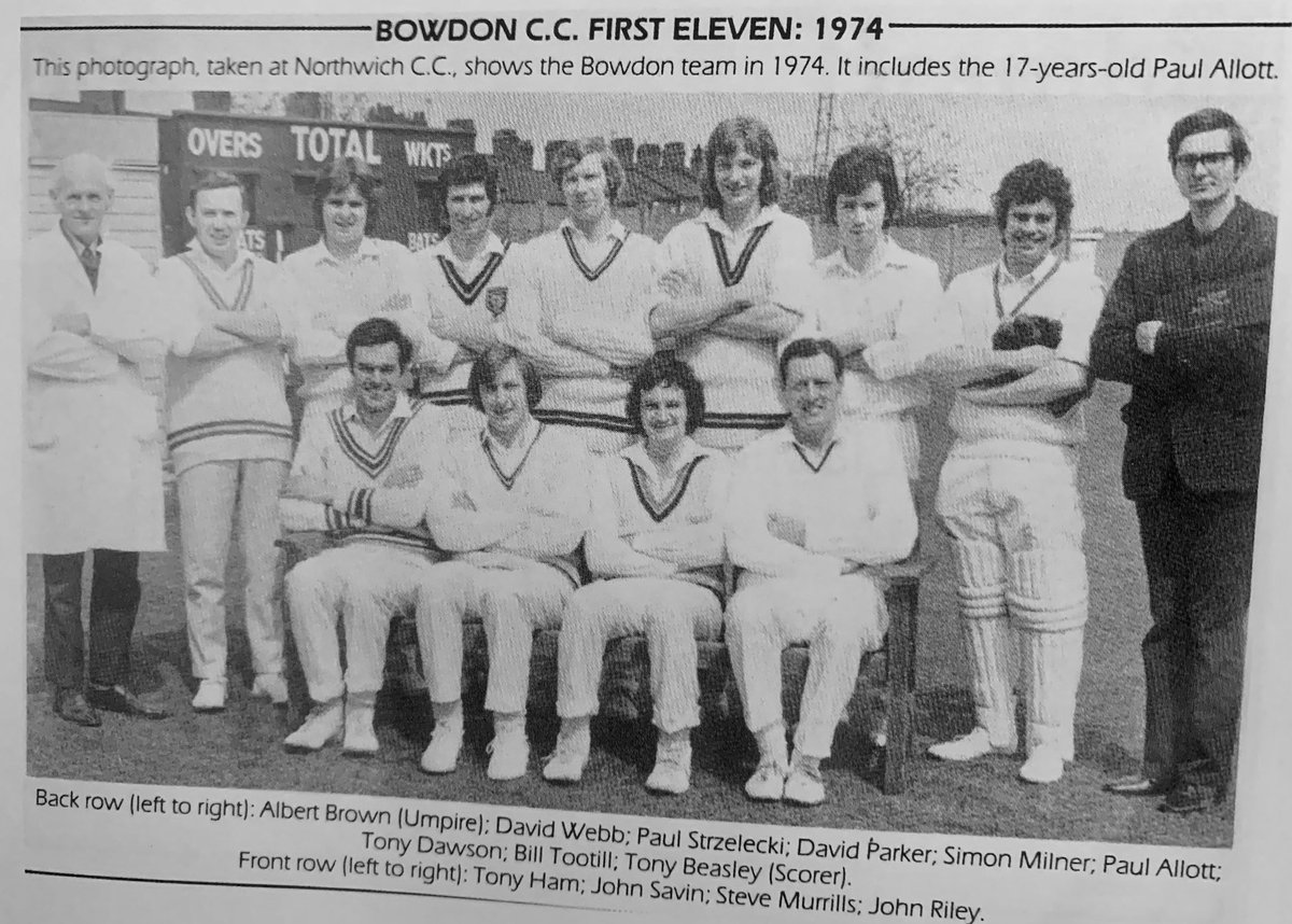 .@BowdonCricket came second to St Helens CC in 1974, their final year in the @MDCAssn, helped by 17-year-old Paul Allott taking 33 wickets at 11.94. The 40 club single division was calculated on a %age basis & the 2nd XIs competition also finished with a St Helens/Bowdon one/two.