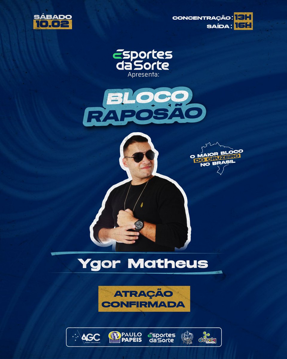BlocoRaposao's tweet photo. Atrações 2024 ON 🚨

O cantor cruzeirense Ygor Matheus, destaque na região, está fechado com o Raposão e puxa o bloco em 2024. https://t.co/f6Uv8zwjWy